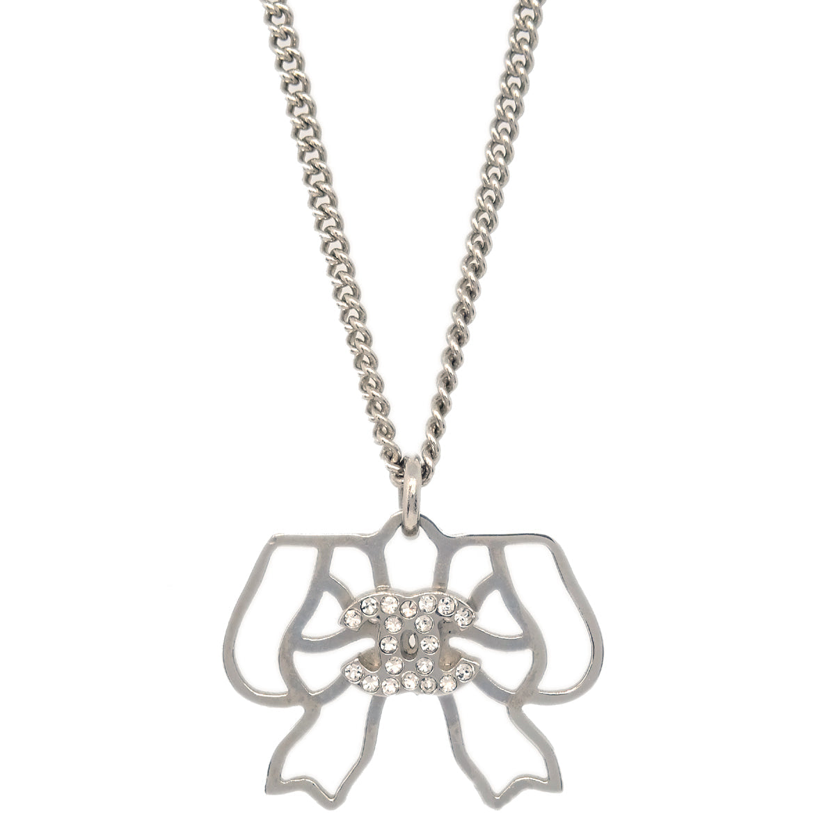 Chanel Silver Bow Chain Necklace Pendant Rhinestone B18P