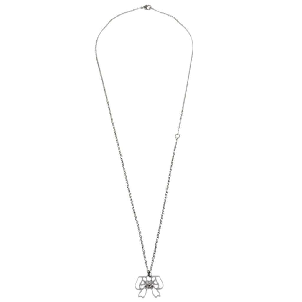 Chanel Silver Bow Chain Necklace Pendant Rhinestone B18P