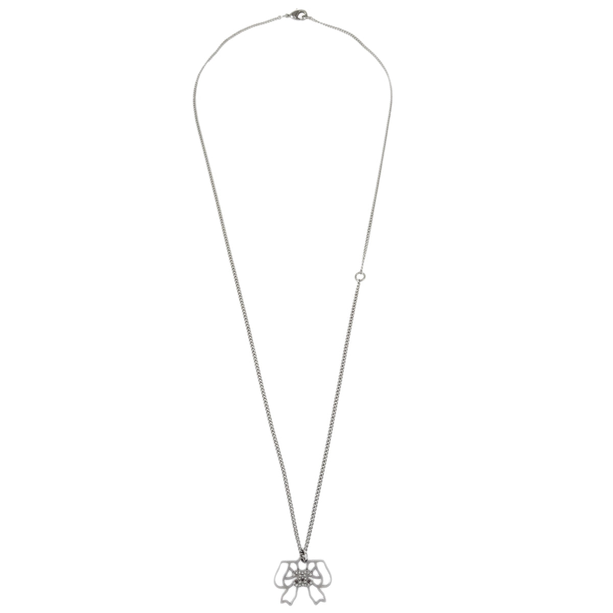 Chanel Silver Bow Chain Necklace Pendant Rhinestone B18P