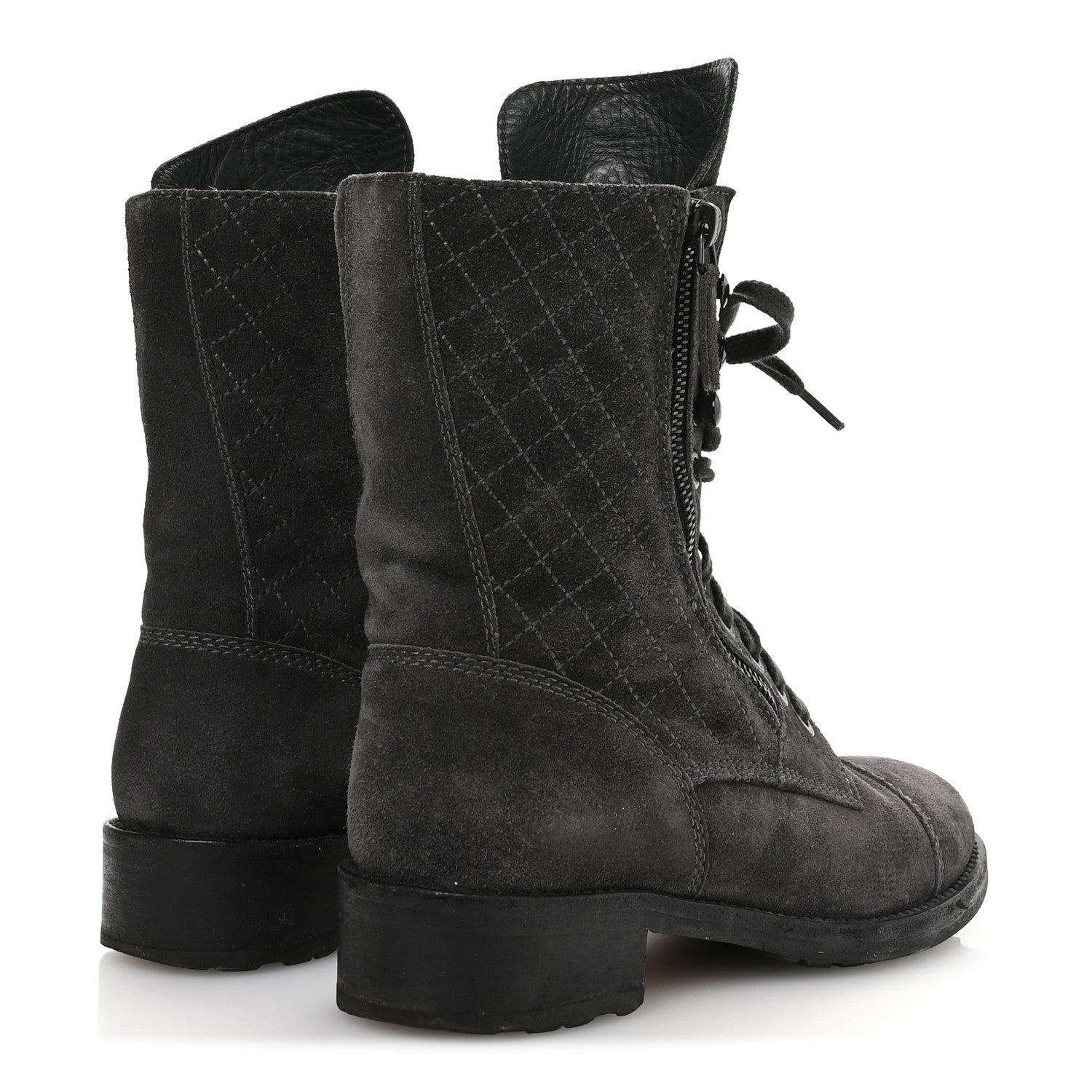 Chanel Suede Quilted CC Tall Lace Up Combat Boots 38 Grey