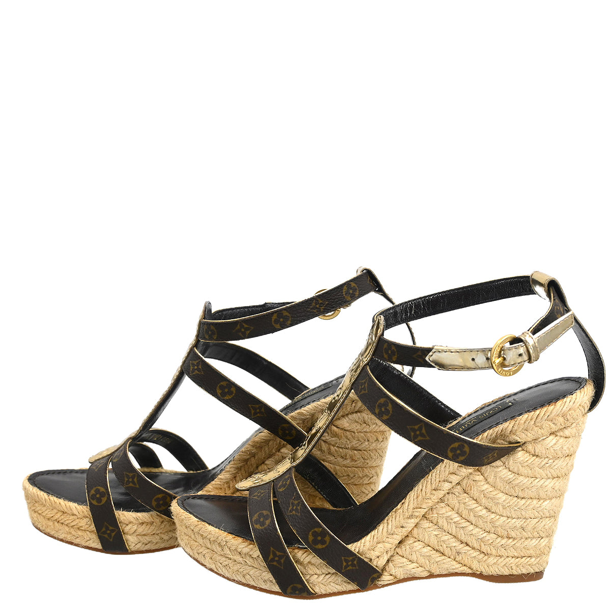 Louis Vuitton * 2011 Monogram Wedge Ankle Strap Sandals Shoes #35 1/2