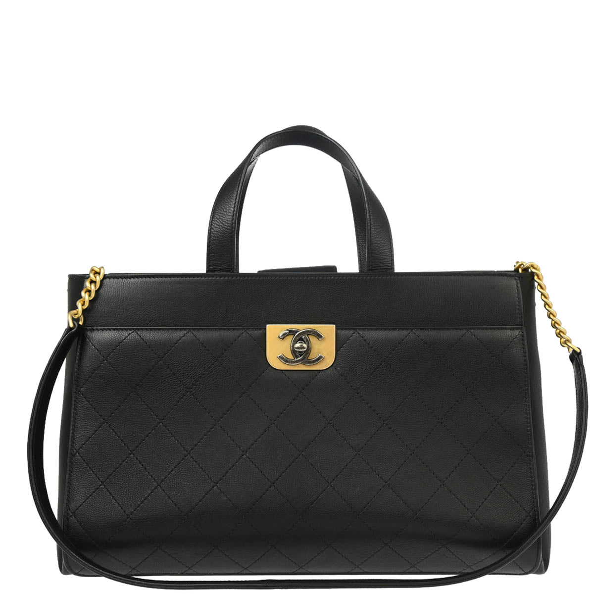Chanel 2017 Black Caviar Straight Lines Shopping Tote 2way Handbag
