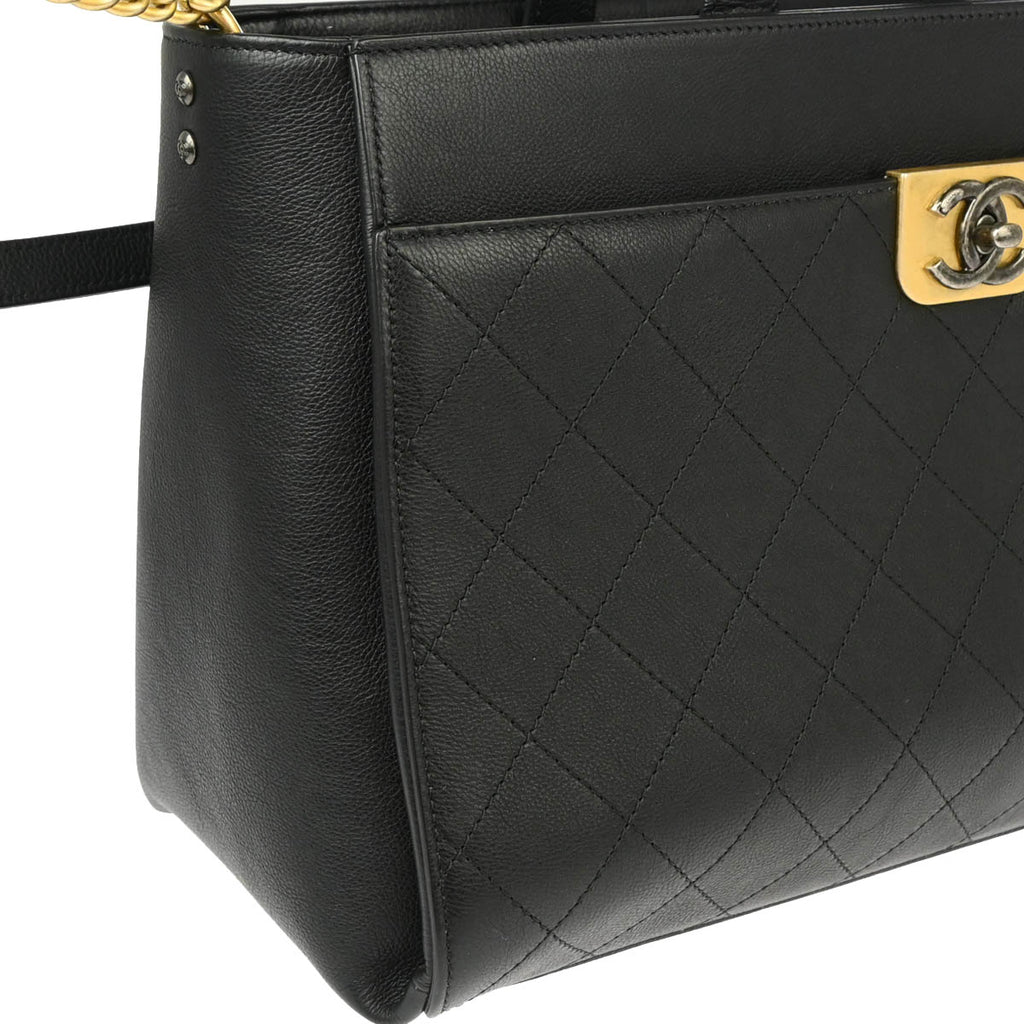 Chanel 2017 Black Caviar Straight Lines Shopping Tote 2way Handbag