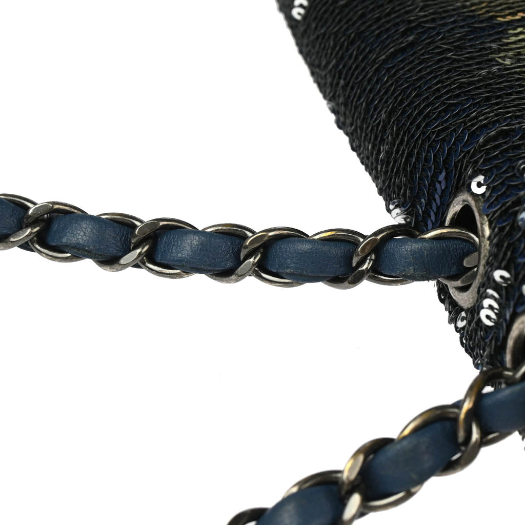 Chanel 2017 Blue Sequins Coco Cuba Flap Double Chain Shoulder Bag