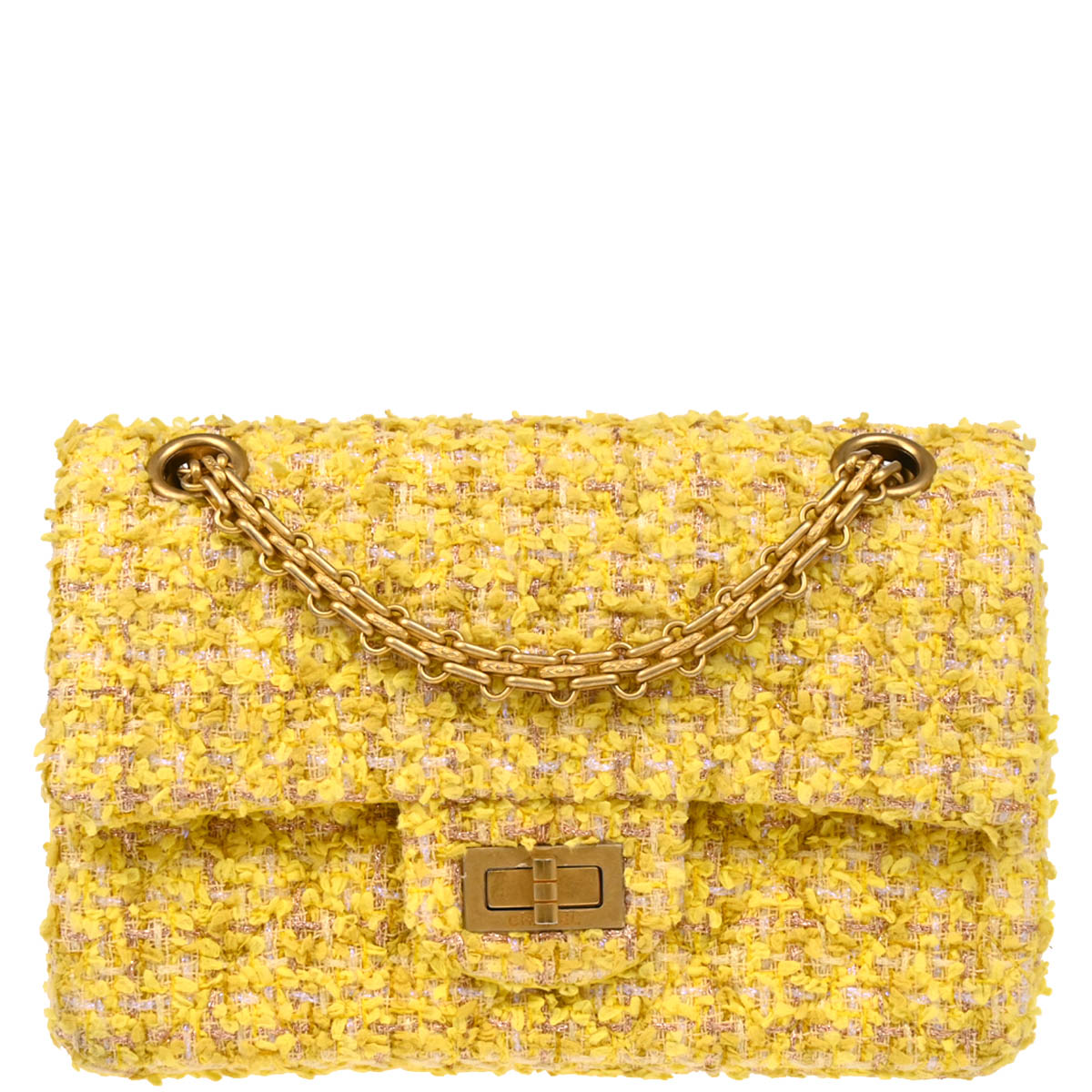 Chanel 2019 Yellow Tweed Mademoiselle Lock Shoulder Bag