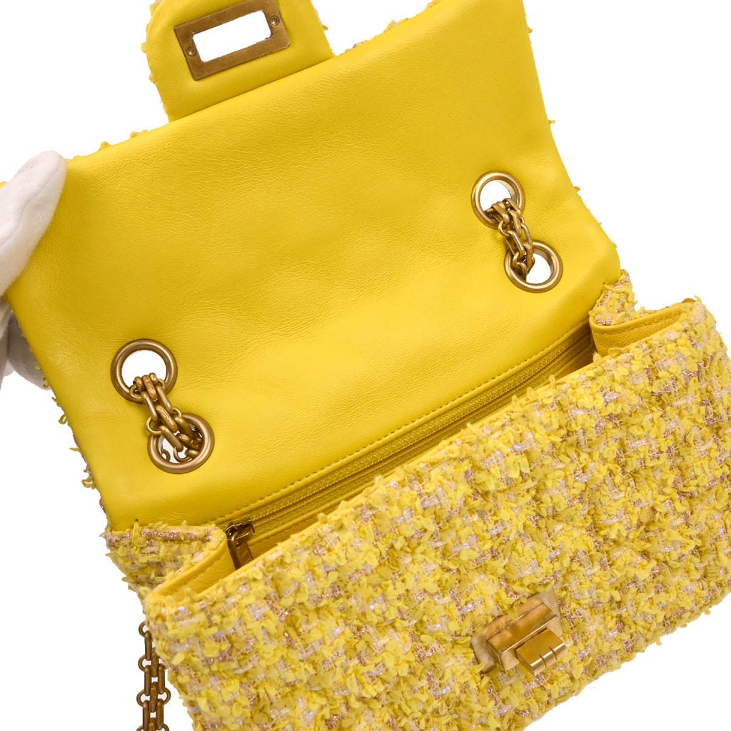 Chanel 2019 Yellow Tweed Mademoiselle Lock Shoulder Bag