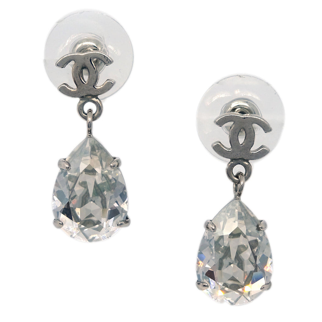 Chanel Teardrop Piercing Earrings Rhinestone Silver A12W