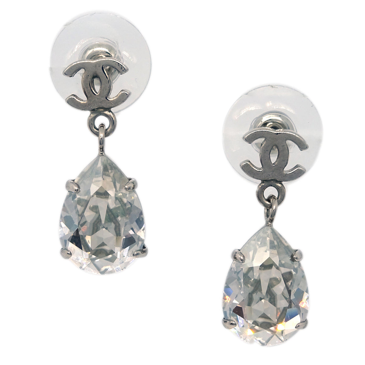 Chanel Teardrop Piercing Earrings Rhinestone Silver A12W