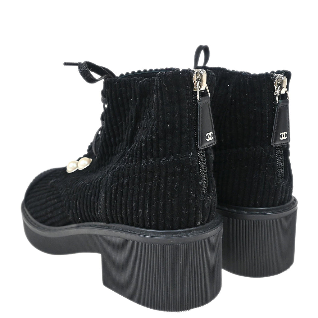 Chanel * Black Corduroy Lace Up Boots #35