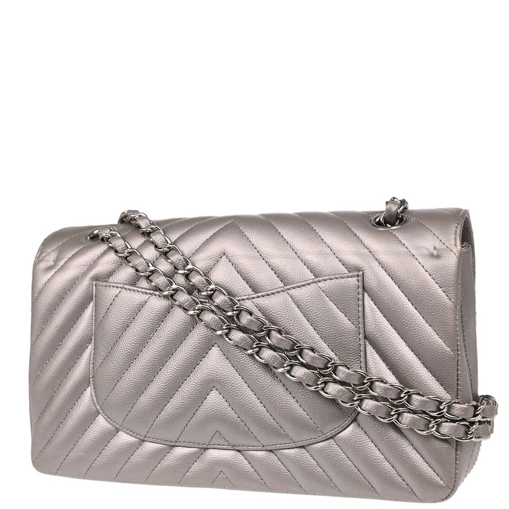 Chanel 2016-2017 Silver Caviar Chevron Medium Classic Double Flap Shoulder Bag