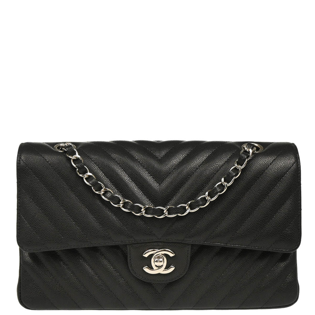 Chanel 2017-2018 Black Caviar Chevron Medium Classic Double Flap Shoulder Bag