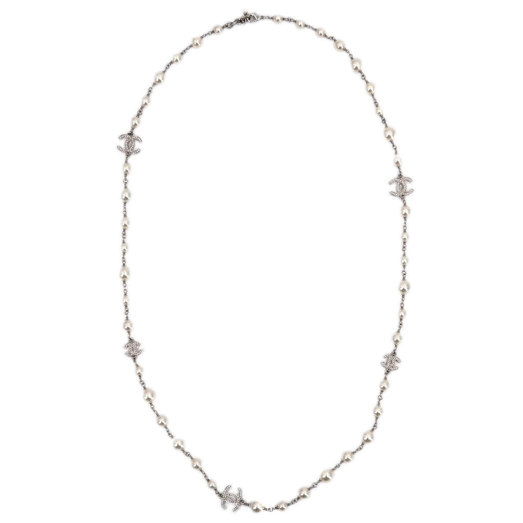 Chanel Costume Pearl Rhinestone Chain Necklace Silver