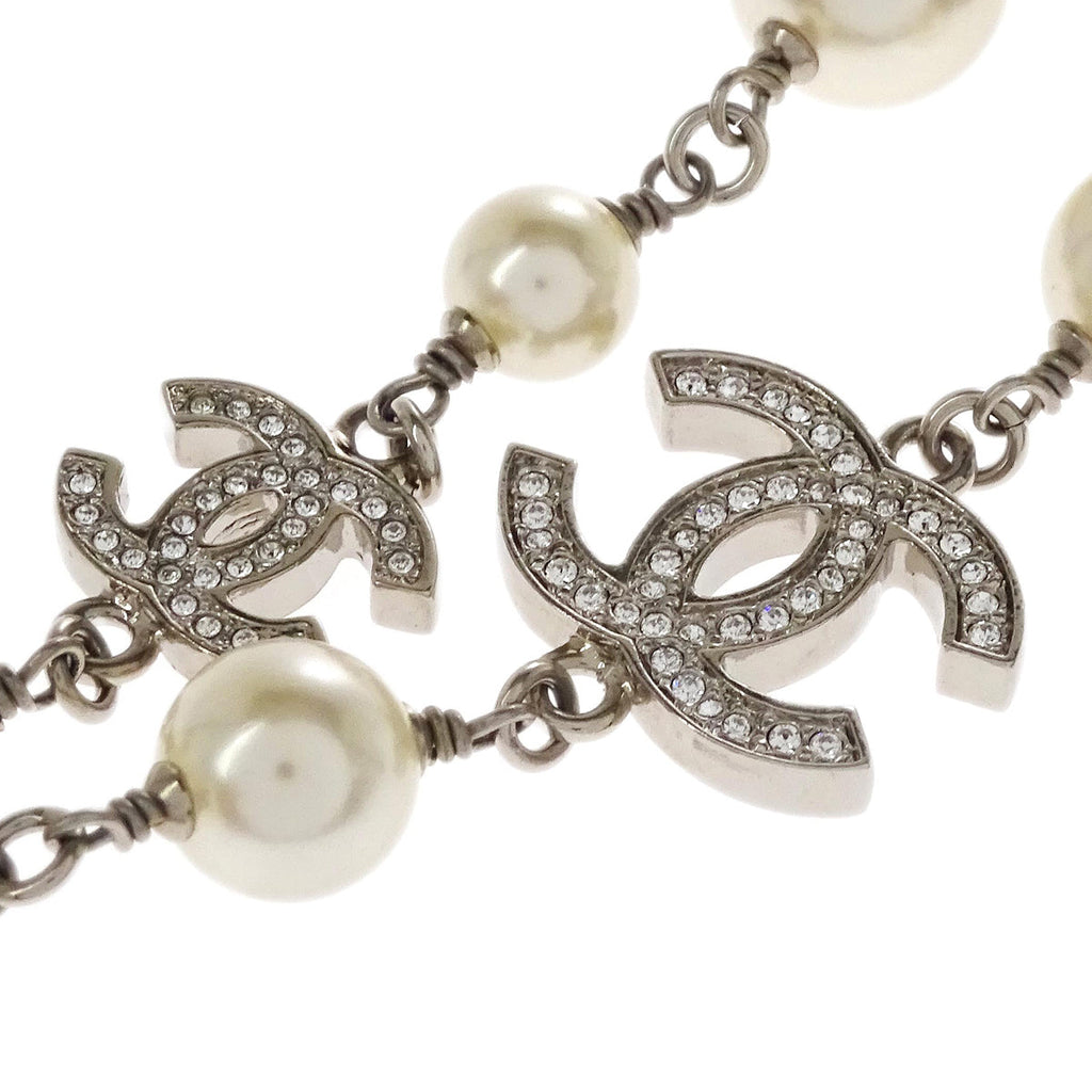 Chanel Costume Pearl Rhinestone Chain Necklace Silver