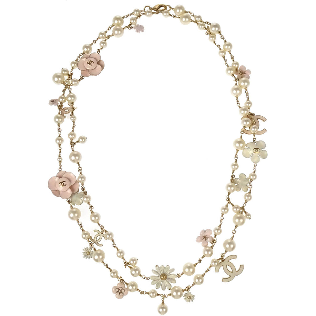 Chanel Costume Pearl Flower Chain Necklace Gold 10P