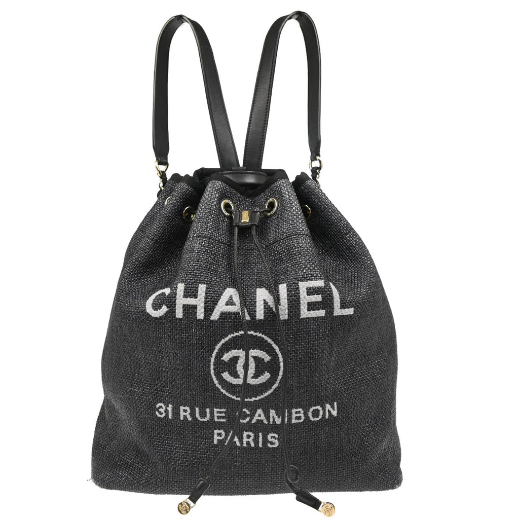 Chanel 2019 Black Straw Deauville Bucket Backpack