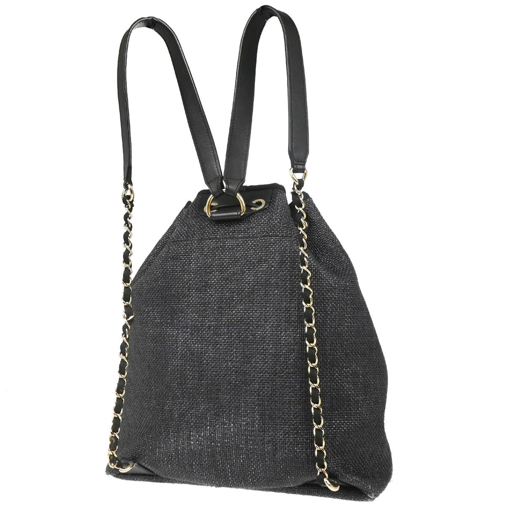 Chanel 2019 Black Straw Deauville Bucket Backpack