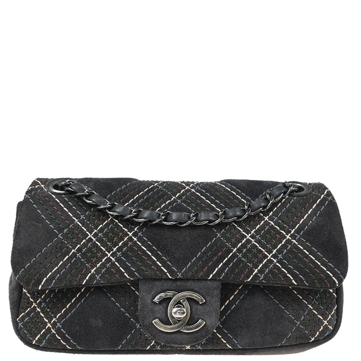 Chanel 2013-2014 Paris-Edinburgh Gray Suede Saltire Single Flap Shoulder Bag