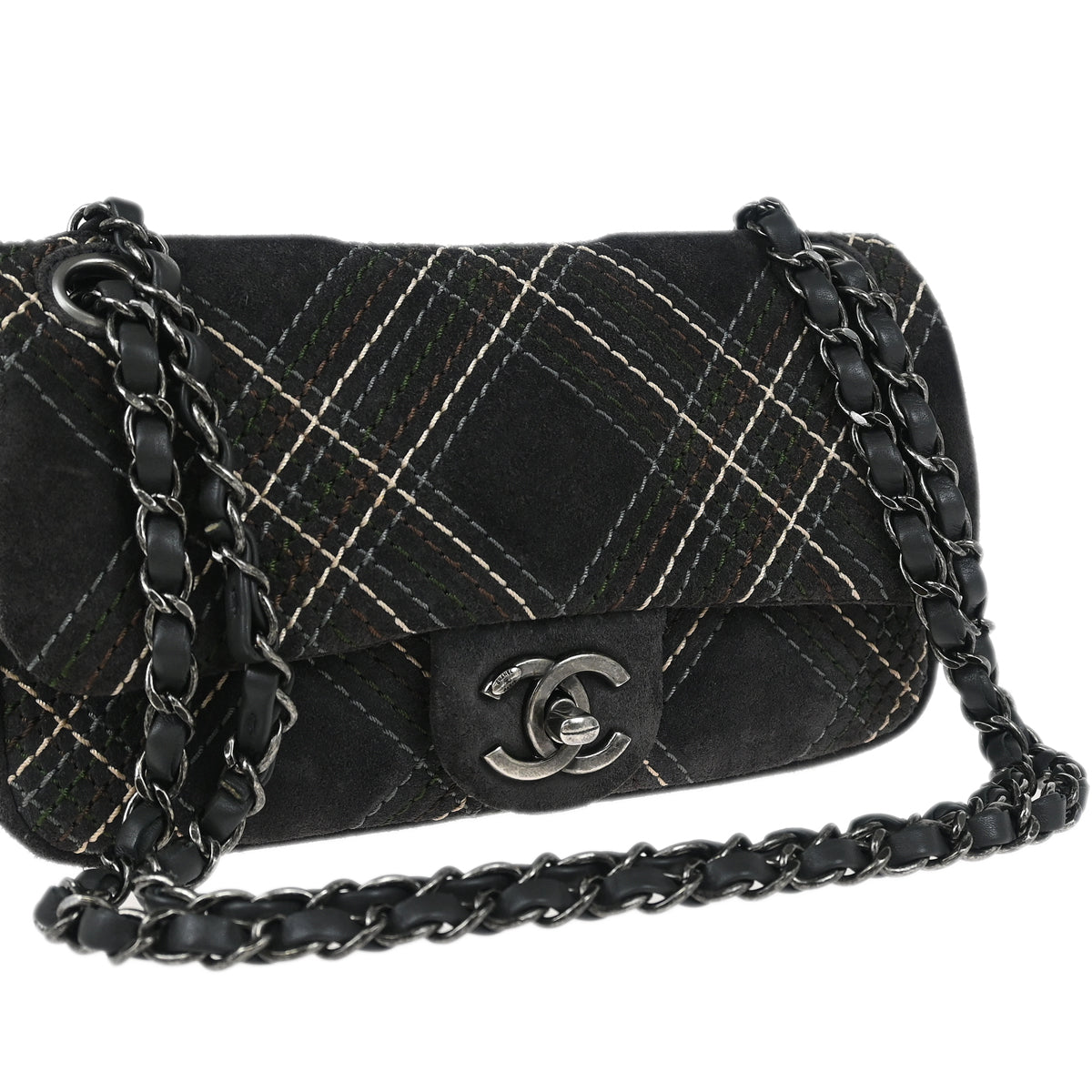Chanel 2013-2014 Paris-Edinburgh Gray Suede Saltire Single Flap Shoulder Bag