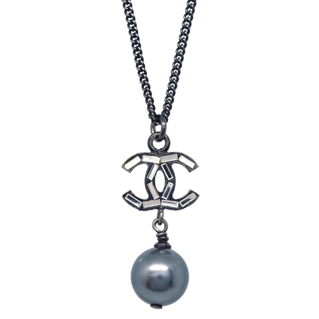 Chanel CC Chain Necklace Pendant Rhinestone Costume Pearl Black 10A