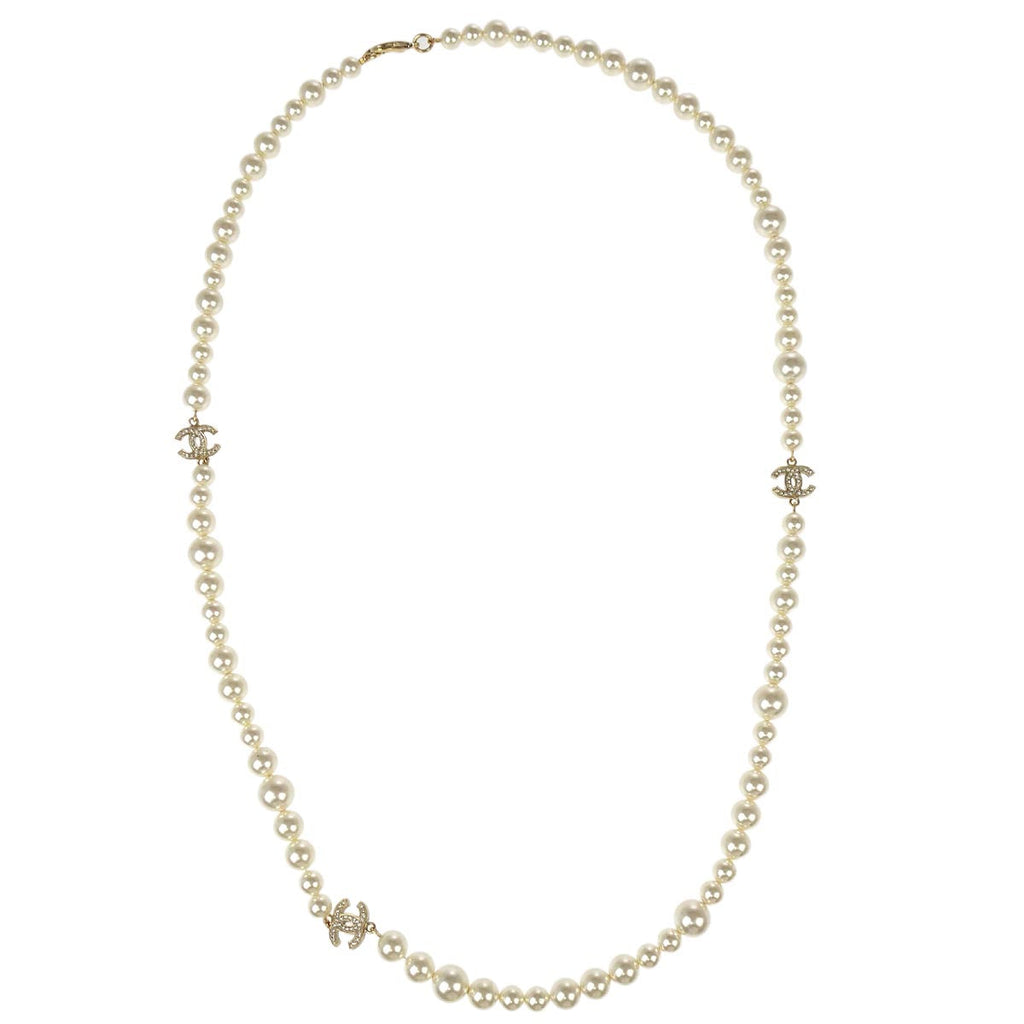 Chanel Costume Pearl Rhinestone Necklace Gold 10P