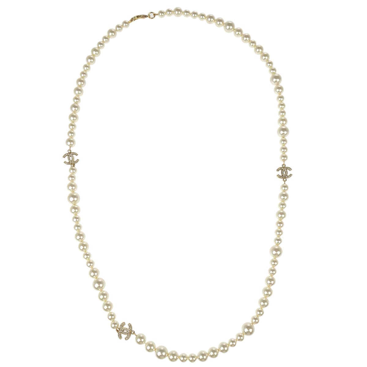 Chanel Costume Pearl Rhinestone Necklace Gold 10P