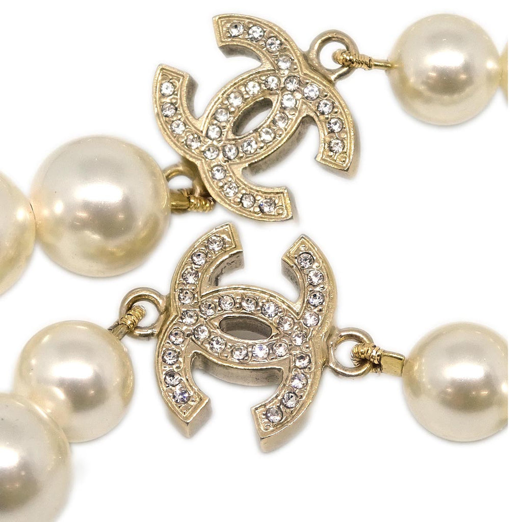 Chanel Costume Pearl Rhinestone Necklace Gold 10P