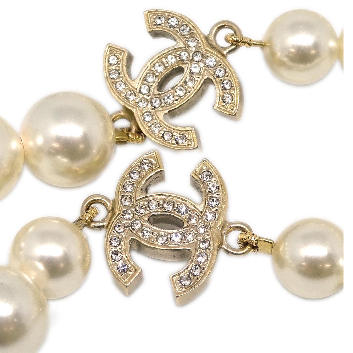 Chanel Costume Pearl Rhinestone Necklace Gold 10P