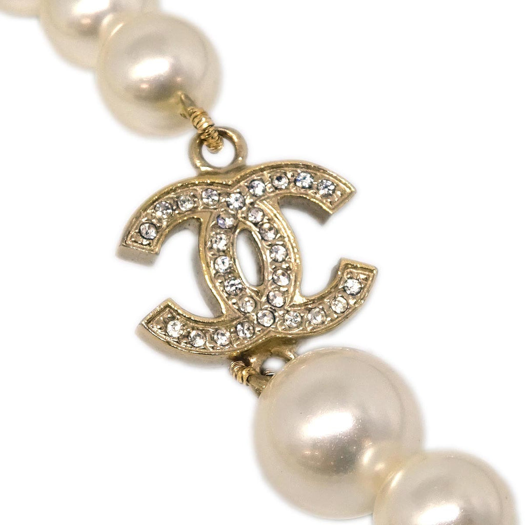 Chanel Costume Pearl Rhinestone Necklace Gold 10P