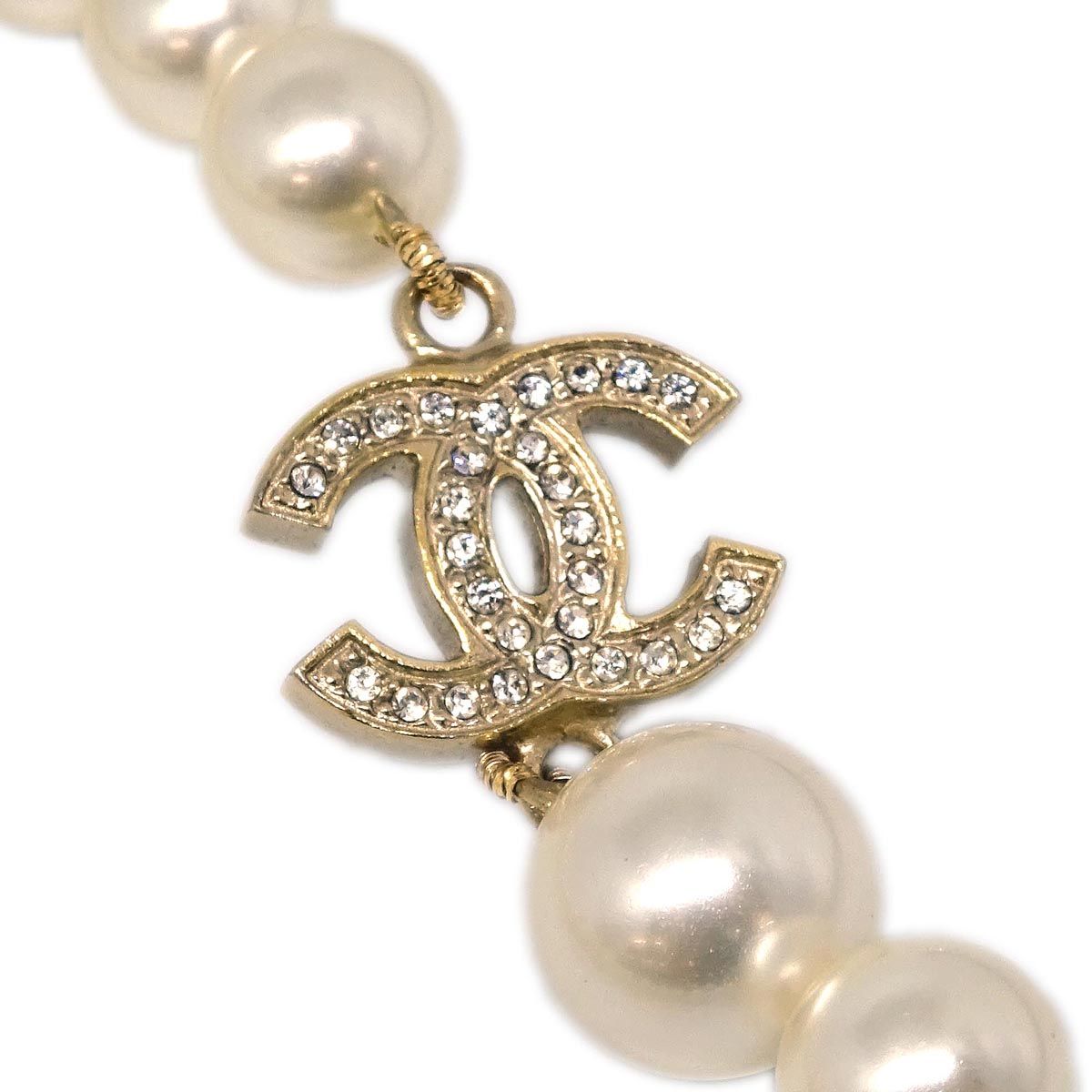 Chanel Costume Pearl Rhinestone Necklace Gold 10P
