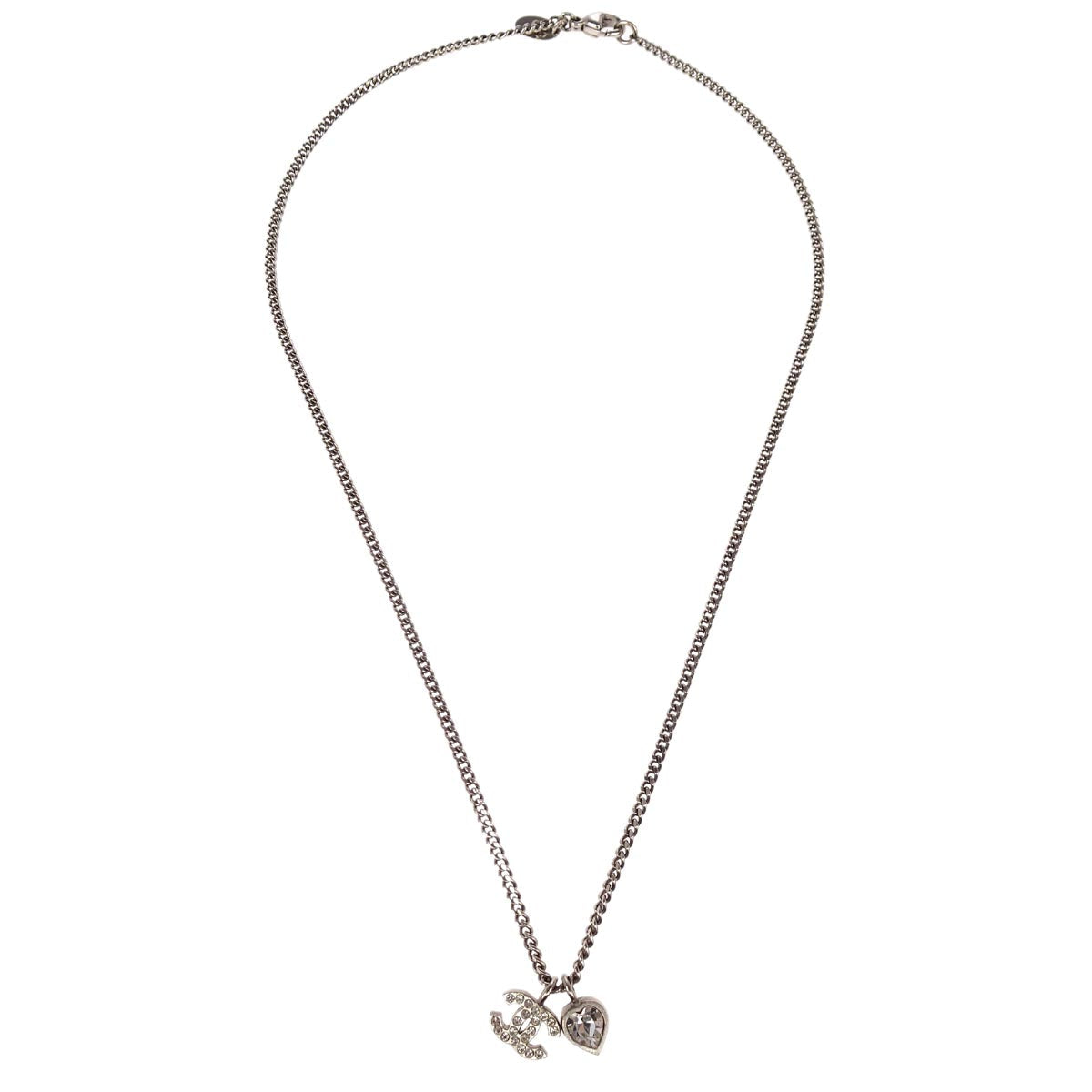 Chanel CC Chain Necklace Pendant Rhinestone Silver D10A