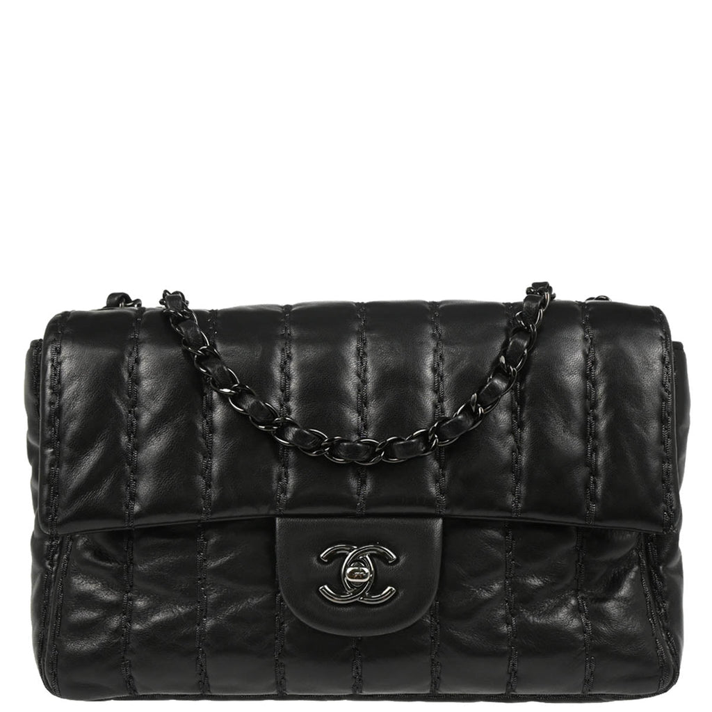 Chanel 2011 Black Lambskin Vertical Stitch Shoulder Bag