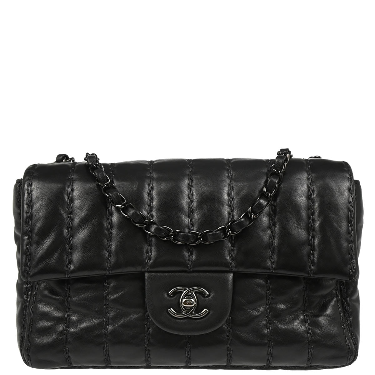 Chanel 2011 Black Lambskin Vertical Stitch Shoulder Bag