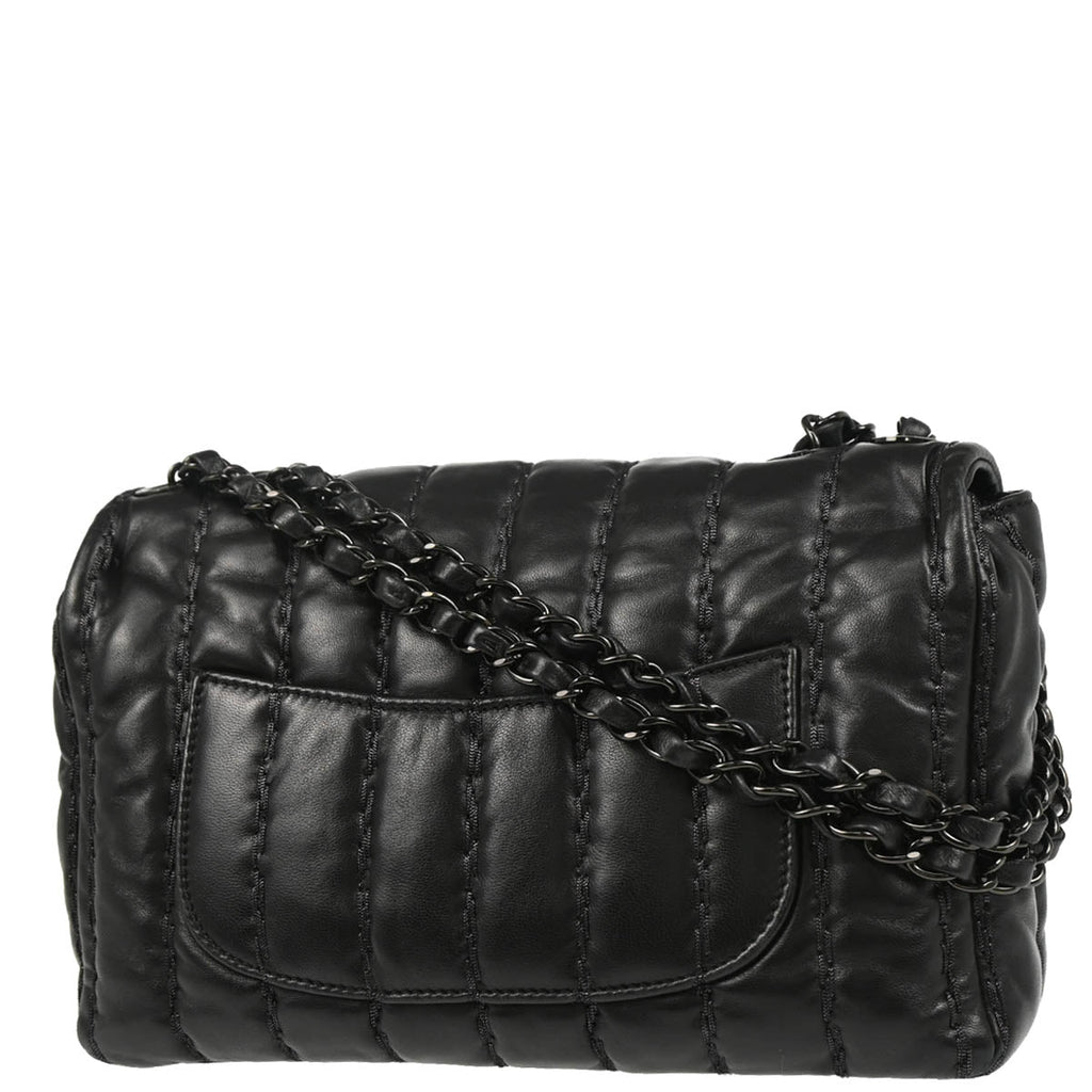 Chanel 2011 Black Lambskin Vertical Stitch Shoulder Bag