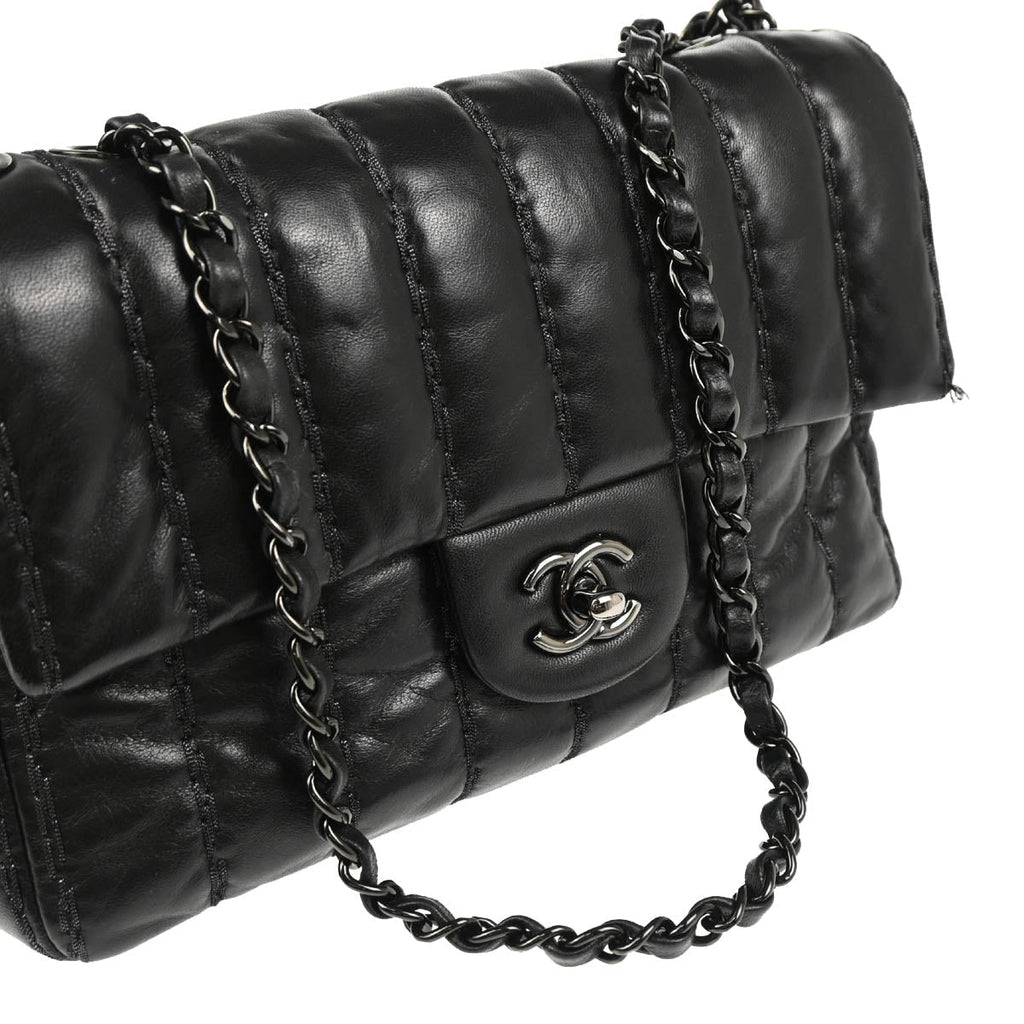 Chanel 2011 Black Lambskin Vertical Stitch Shoulder Bag
