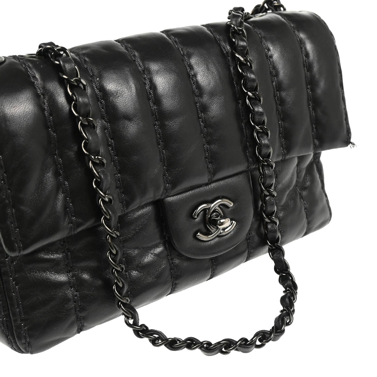 Chanel 2011 Black Lambskin Vertical Stitch Shoulder Bag
