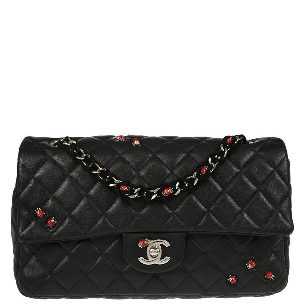 Chanel 2010-2011 Black Lambskin Ladybug Single Flap Shoulder Bag