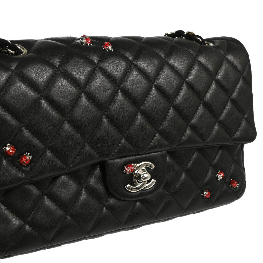Chanel 2010-2011 Black Lambskin Ladybug Single Flap Shoulder Bag