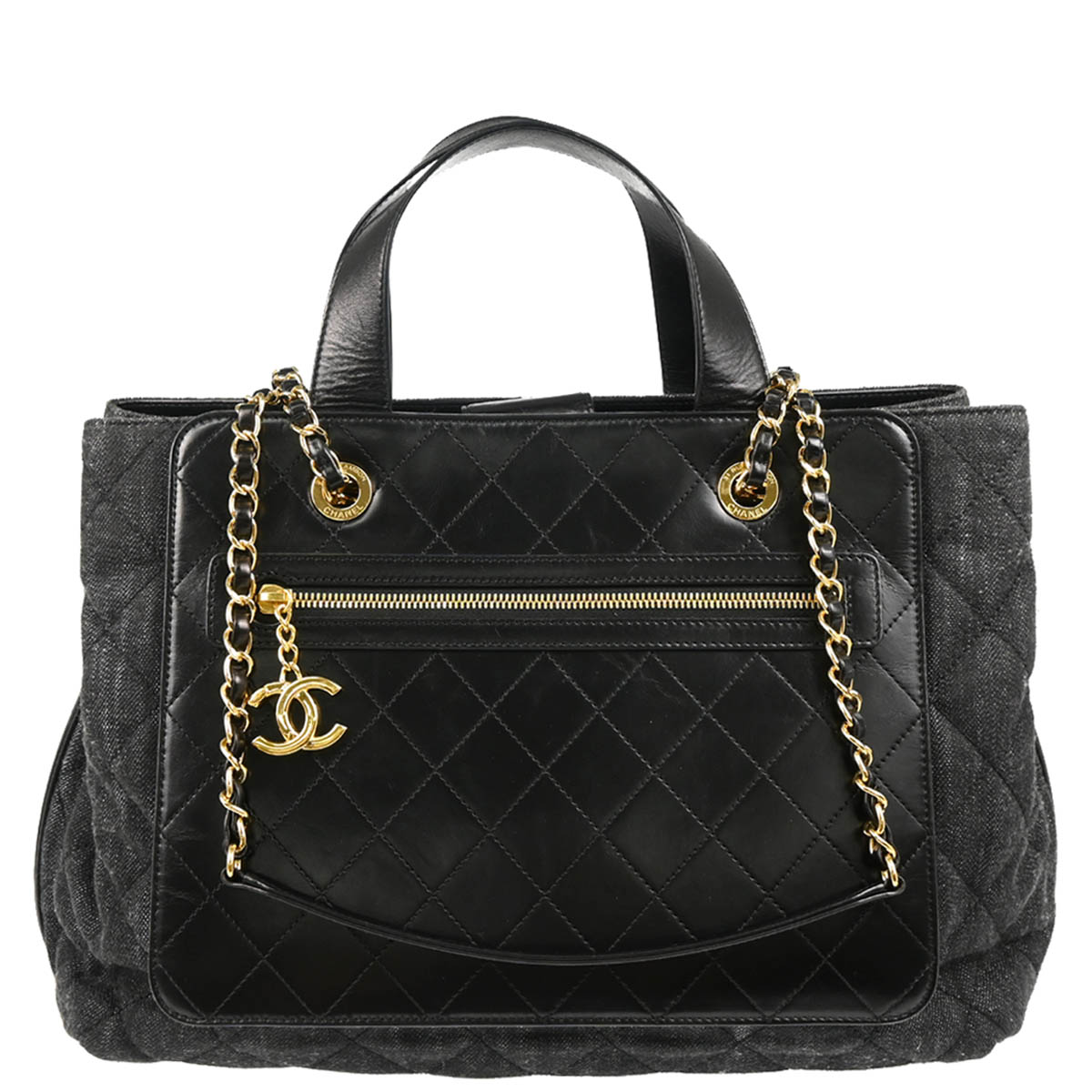 Chanel 2017 Black Denim Calfskin 2way Shoulder Tote Handbag