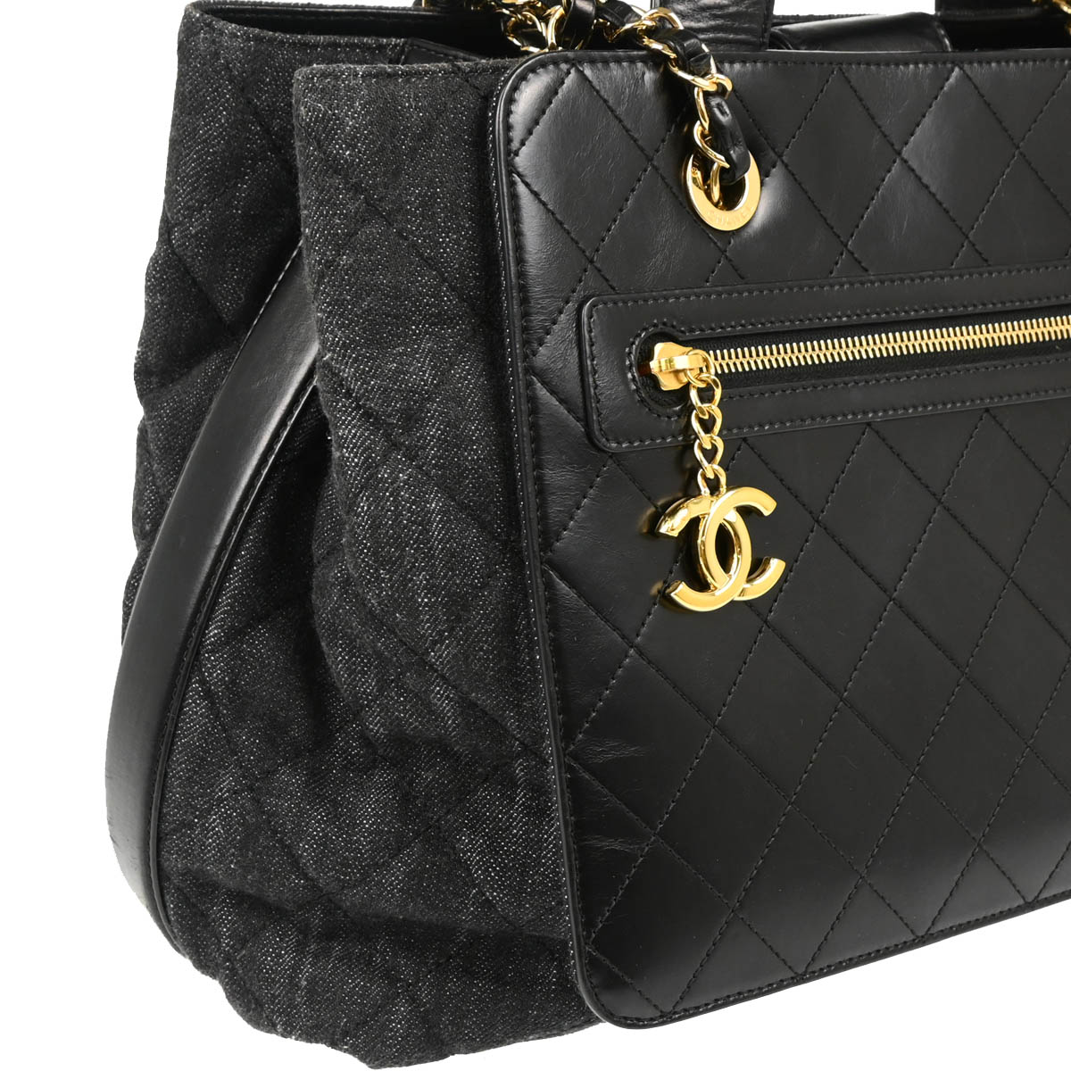 Chanel 2017 Black Denim Calfskin 2way Shoulder Tote Handbag