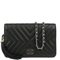 Chanel 2018 Black Lambskin Chevron Tassel WOC Shoulder Wallet Bag