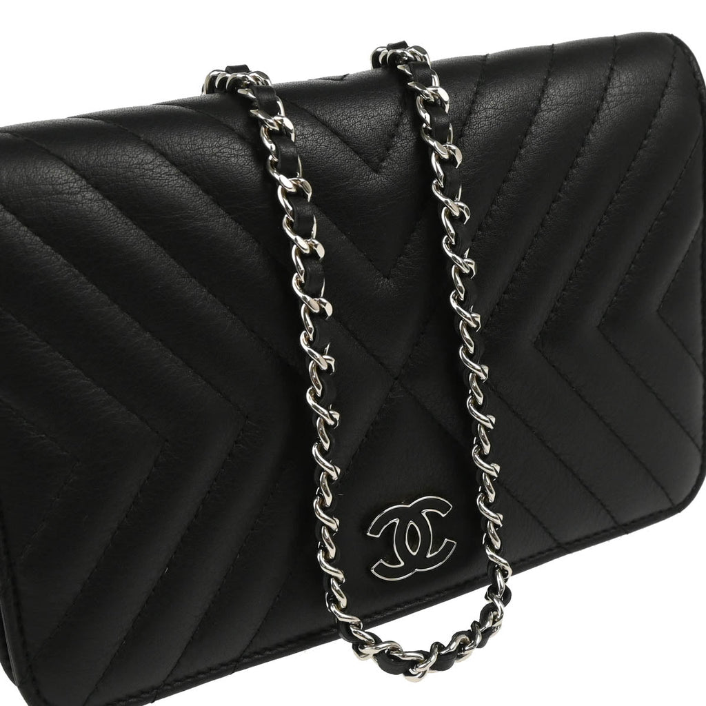 Chanel 2018 Black Lambskin Chevron Tassel WOC Shoulder Wallet Bag