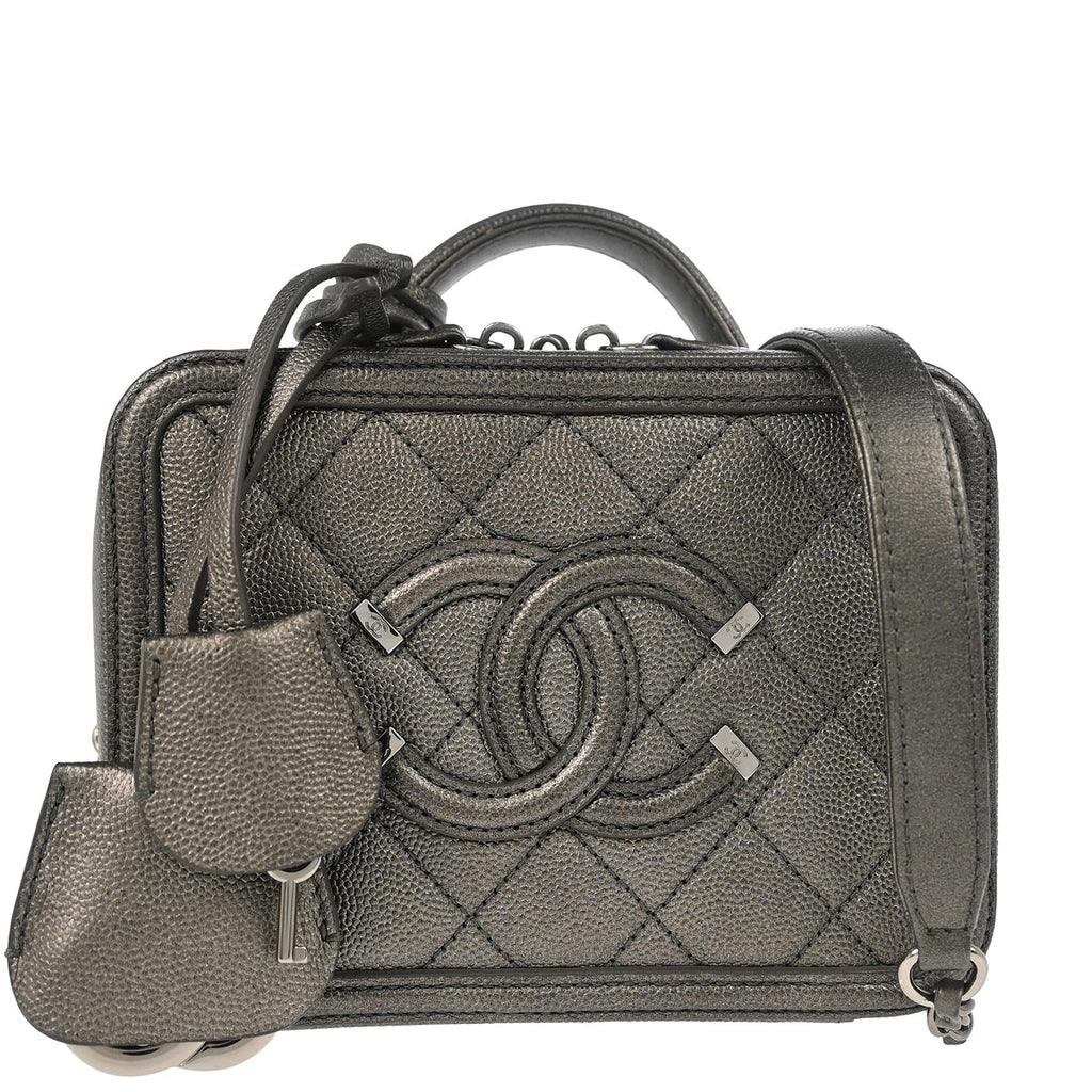 Chanel 2018-2019 Metallic Gray Caviar Filigree 2way Shoulder Vanity Handbag