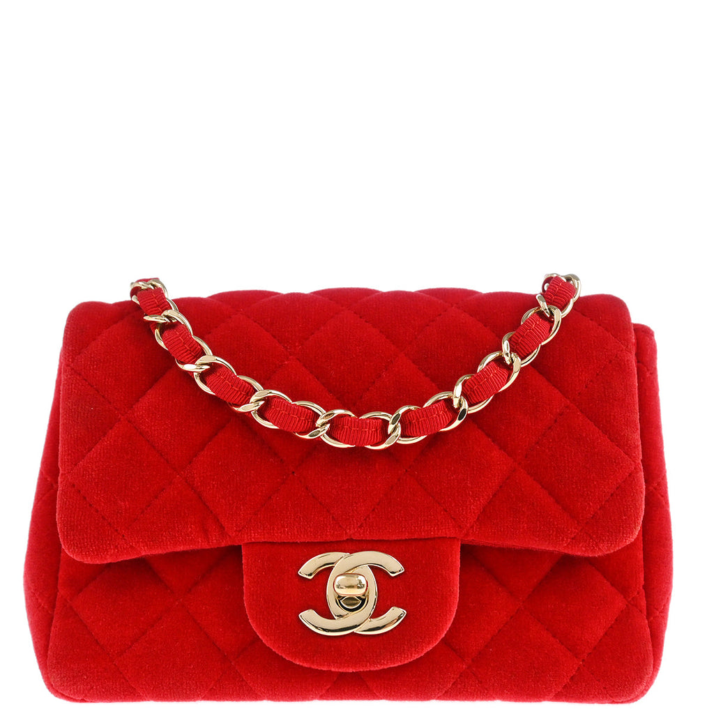 Chanel 2017 Red Velvet Mini Classic Square Flap Shoulder Bag