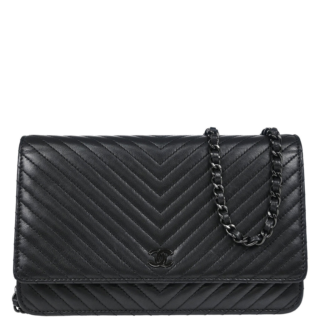 Chanel 2014-2015 Black Lambskin Chevron Classic WOC Shoulder Wallet Bag