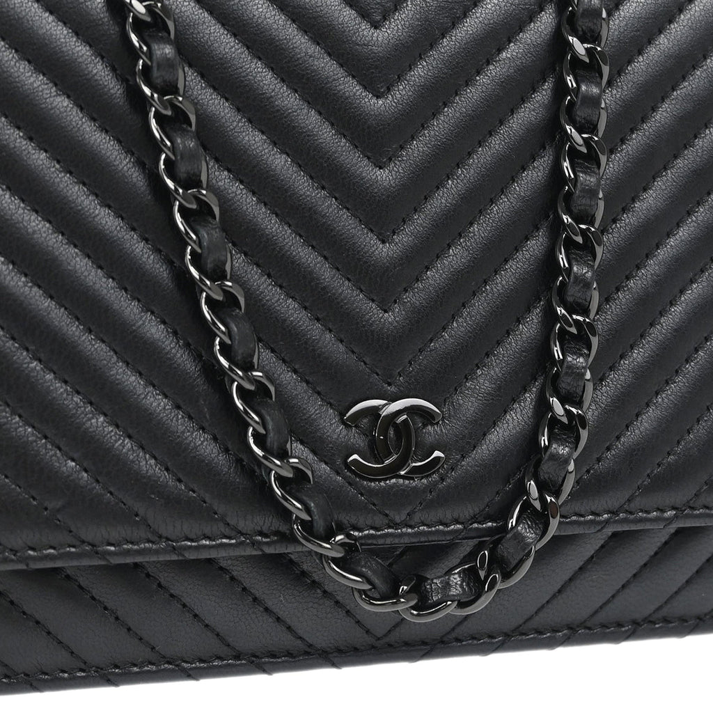 Chanel 2014-2015 Black Lambskin Chevron Classic WOC Shoulder Wallet Bag