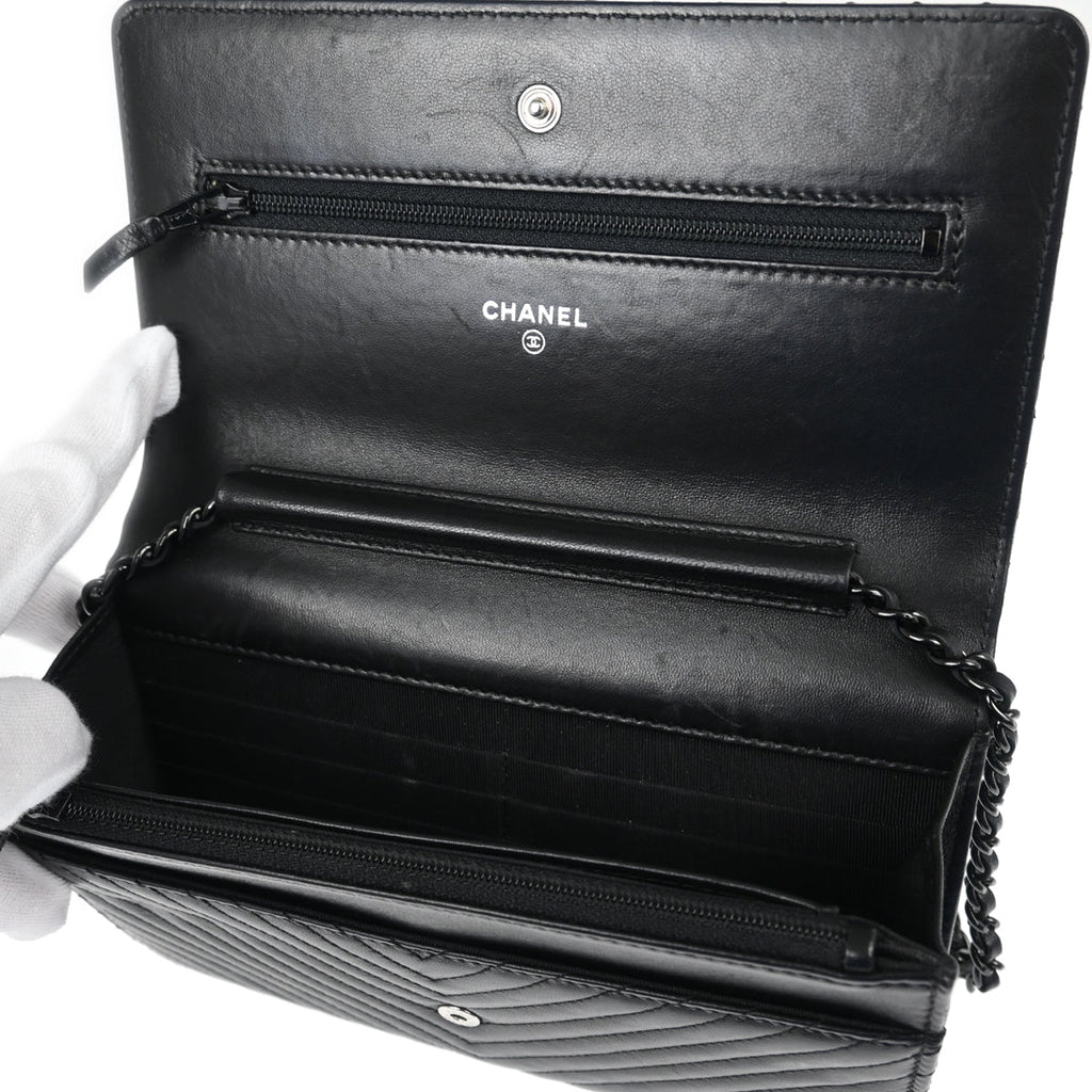 Chanel 2014-2015 Black Lambskin Chevron Classic WOC Shoulder Wallet Bag