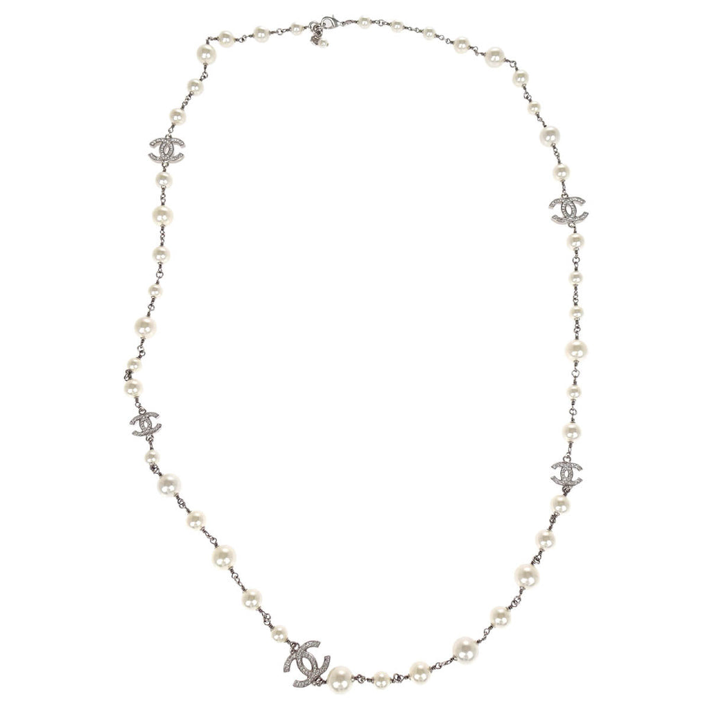 Chanel Costume Pearl Rhinestone Chain Necklace Silver A19V