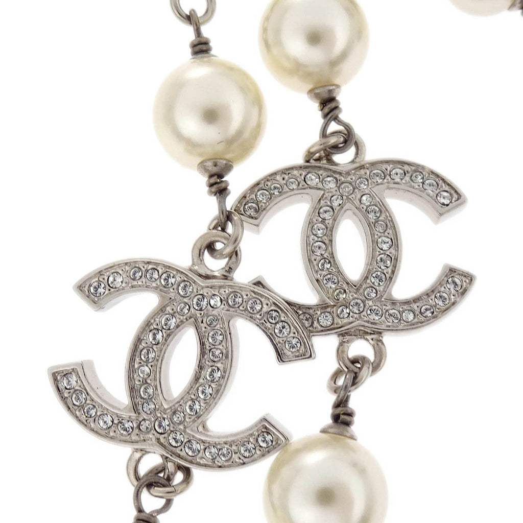 Chanel Costume Pearl Rhinestone Chain Necklace Silver A19V
