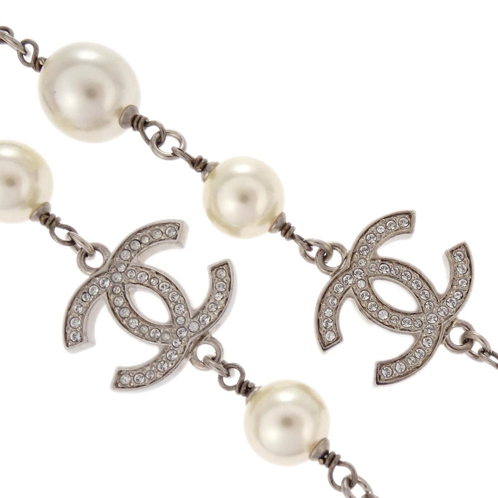 Chanel Costume Pearl Rhinestone Necklace Silver A19V