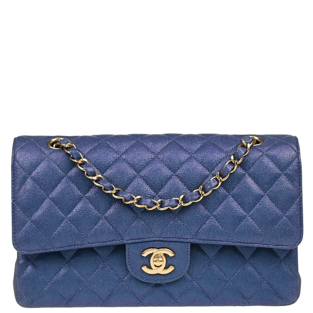 Chanel 2019 Metallic Blue Caviar Medium Classic Double Flap Shoulder Bag